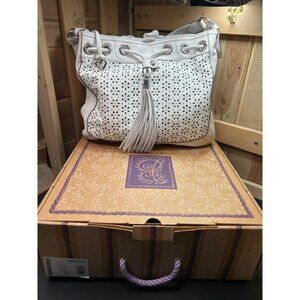 Brighton Perforated Daisy Drawstring Tassel Leather White Bag New In Box Retired